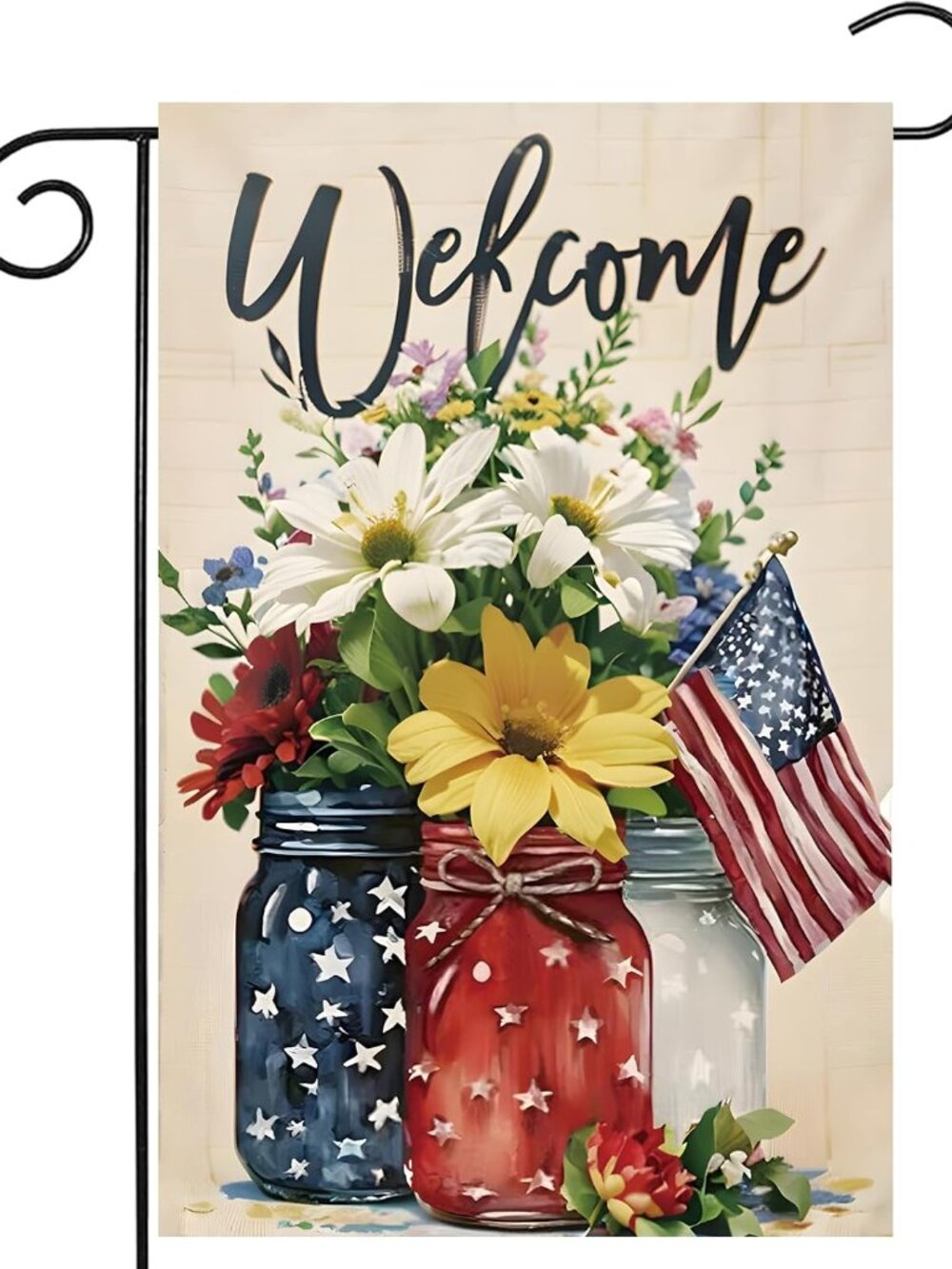 4th of July Mason Jar Flowers Summer Garden Flag 12x18, Patriotic Celebration Do